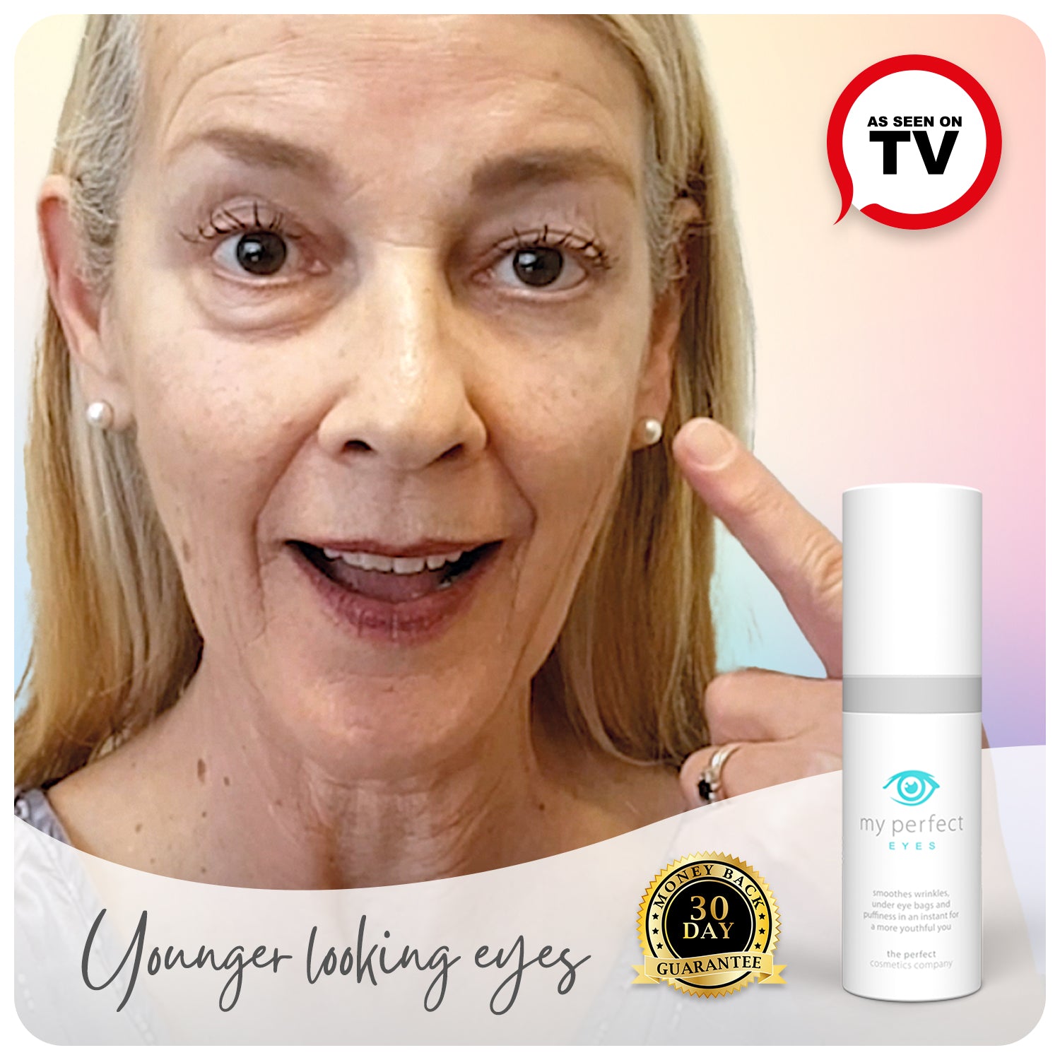 Middle-aged woman pointing to her under eye area to show results with My Perfect Eyes product, a non-surgical treatment for dark circles and under eye bags. Ideal for those considering blepharoplasty or looking for instant results without surgery. My Perfect Eyes before and after, blepharoplasty B&A, dark circle treatment, and blepharoplasty cost.