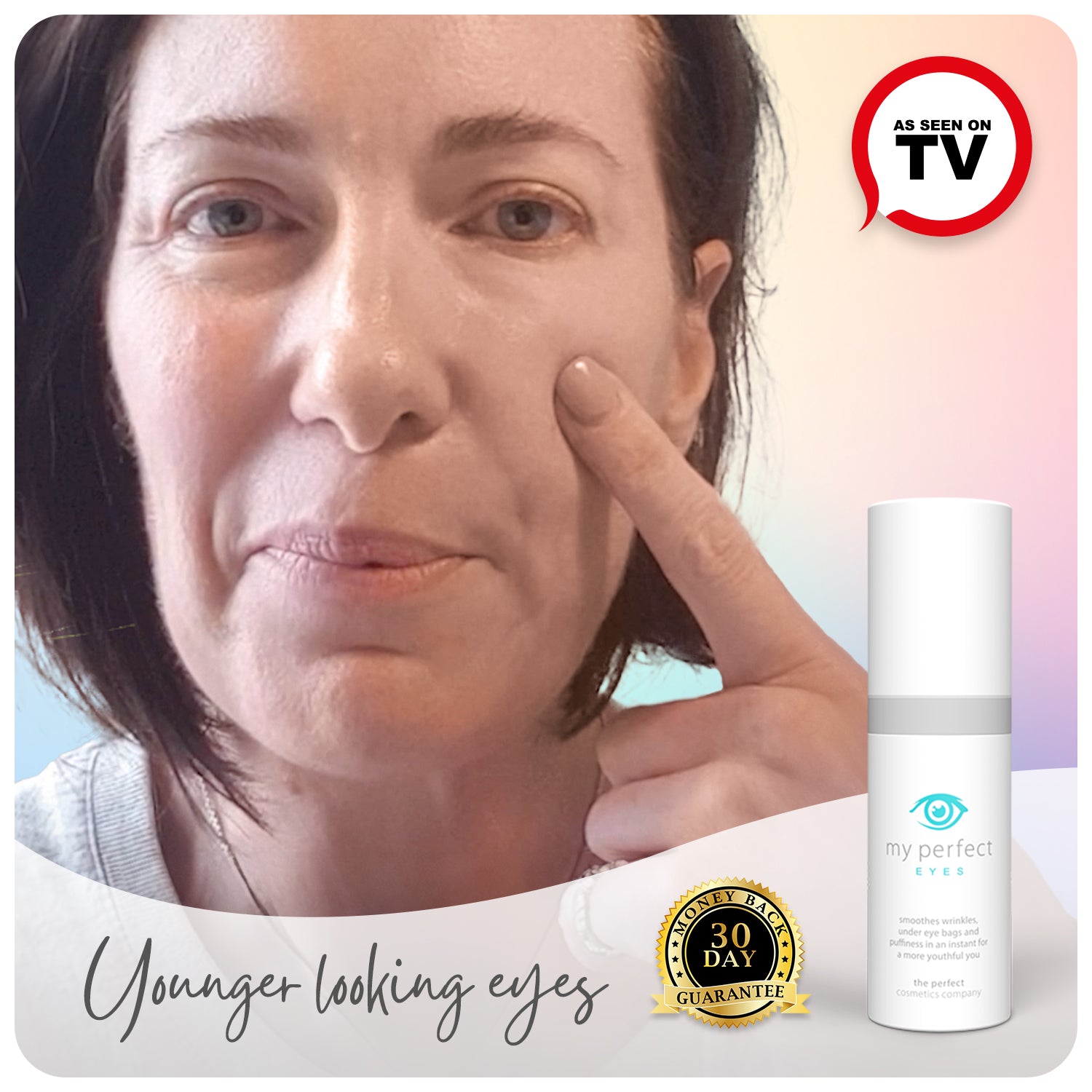 Middle-aged woman pointing to her under eye area to show results with My Perfect Eyes product, a non-surgical treatment for dark circles and under eye bags. Ideal for those considering blepharoplasty or looking for instant results without surgery. My Perfect Eyes before and after, blepharoplasty B&A, dark circle treatment, and blepharoplasty cost.